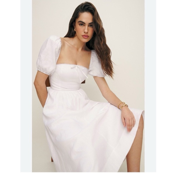 Reformation Marella Linen Puff-Sleeve Dress White - Picture 5 of 11